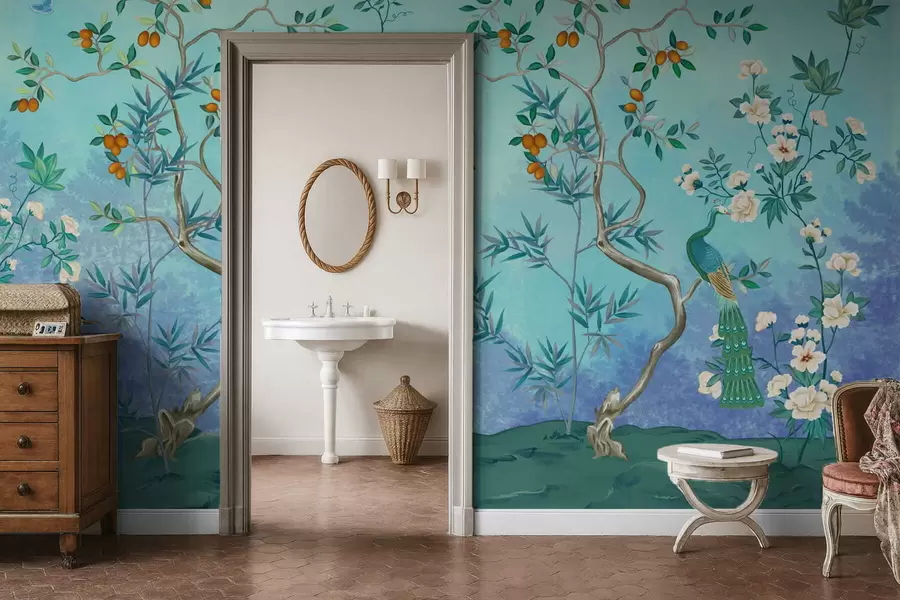 Fototapeedid Stseen puude, lillede ja lindudega, sinine taust w05004v2