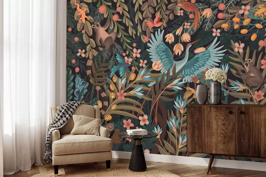 Fototapeedid Fantaasiastseen lindude ja loomadega taimede keskel w05024