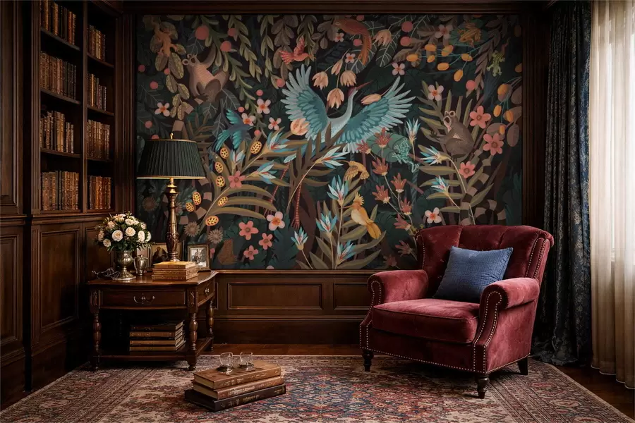 Fototapeedid Fantaasiastseen lindude ja loomadega taimede keskel w05024