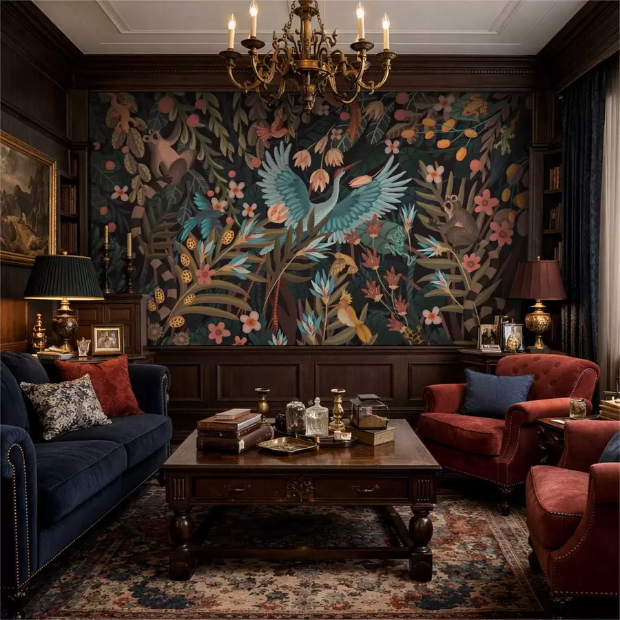 Fototapeedid Fantaasiastseen lindude ja loomadega taimede keskel w05024