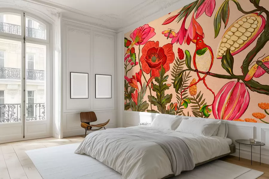 Fototapeedid Dekoratiivsed lilled ja linnud beežil taustal w05036