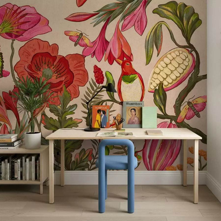 Fototapeedid Dekoratiivsed lilled ja linnud beežil taustal w05036