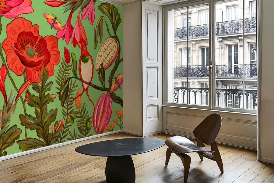 Fototapeedid Dekoratiivsed lilled ja linnud rohelisel taustal w05036v1