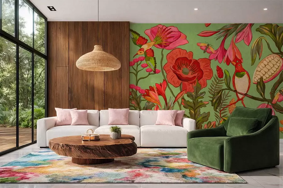 Fototapeedid Dekoratiivsed lilled ja linnud rohelisel taustal w05036v1