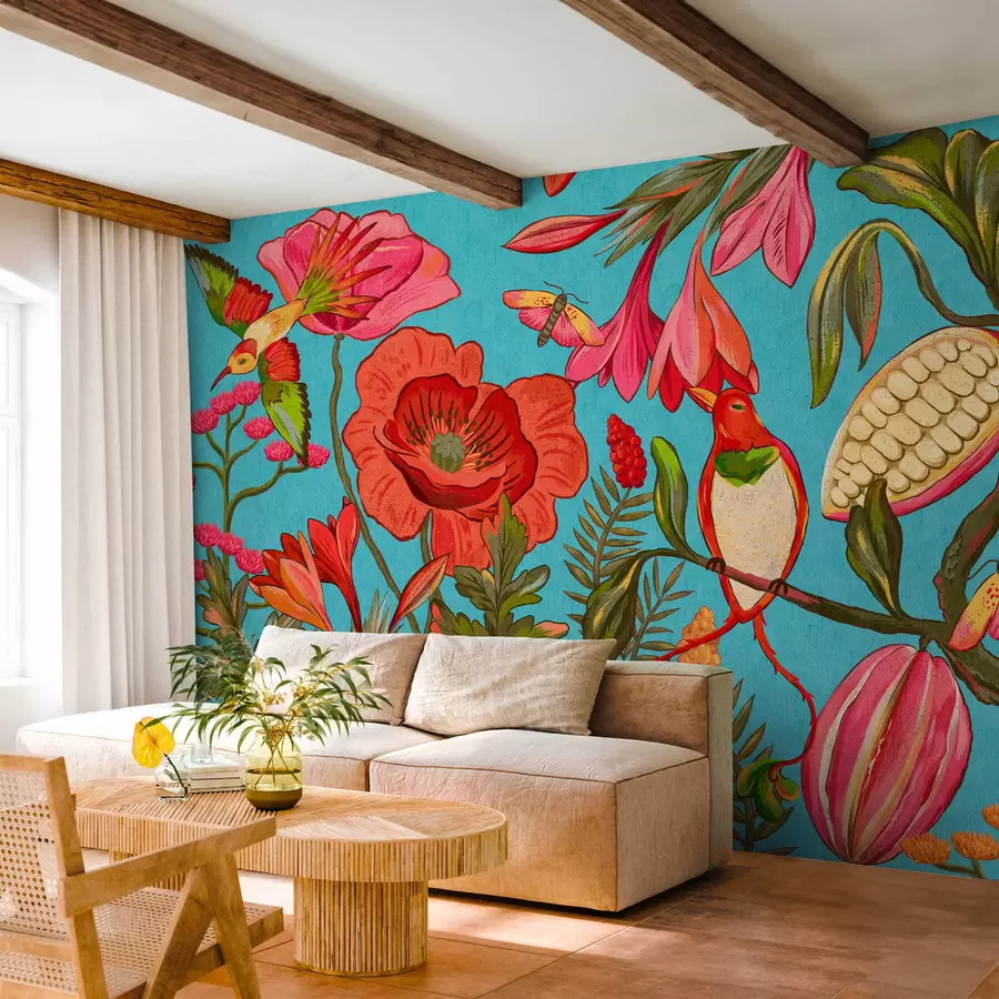 Fototapeedid Dekoratiivsed lilled ja linnud sinisel taustal w05036v3