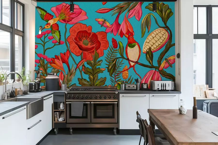 Fototapeedid Dekoratiivsed lilled ja linnud sinisel taustal w05036v3