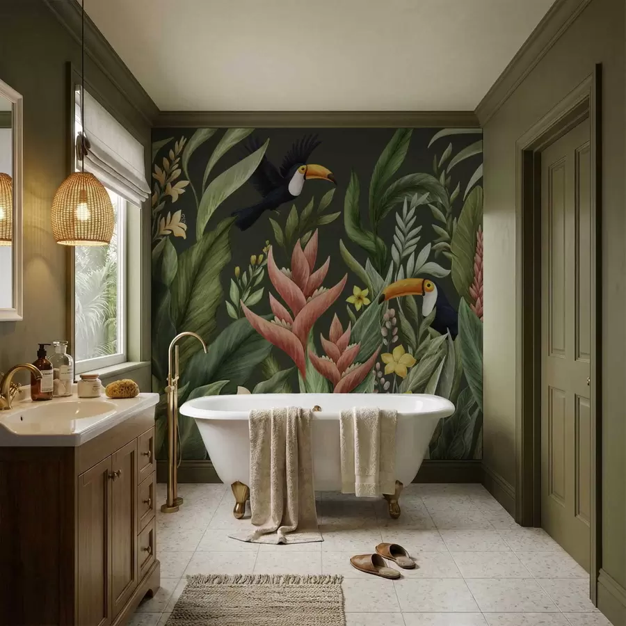 Fototapeedid Troopilised lehed ja suurnokk-linnud tumedal taustal w05088