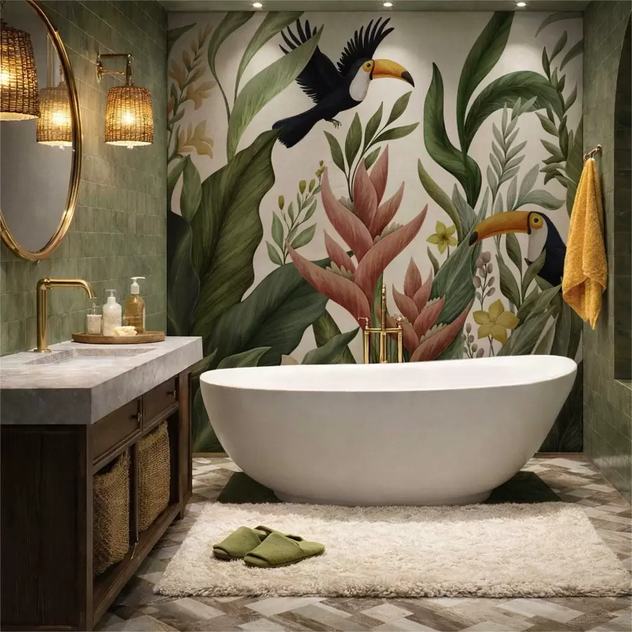 Fototapeedid Troopilised taimed ja suure nokaga linnud heledal taustal w05088v1