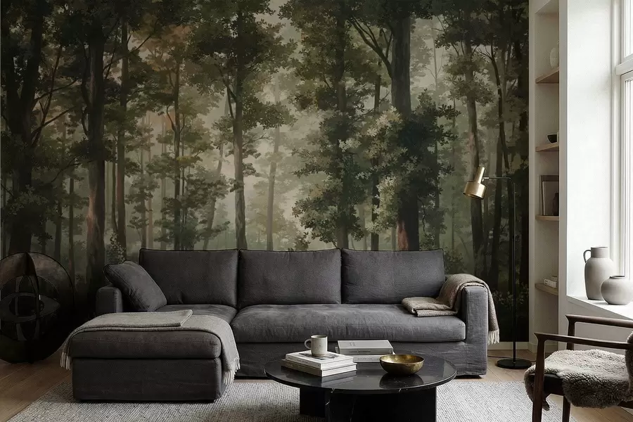 Fototapeedid Metsaillustratsioon uduga, kõrgete puude ja teega w05089