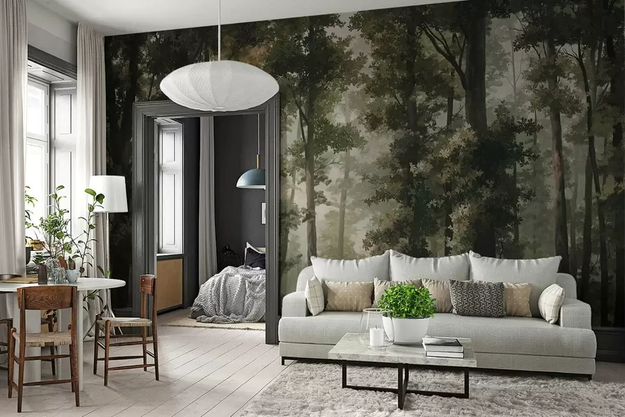 Fototapeedid Metsaillustratsioon uduga, kõrgete puude ja teega w05089