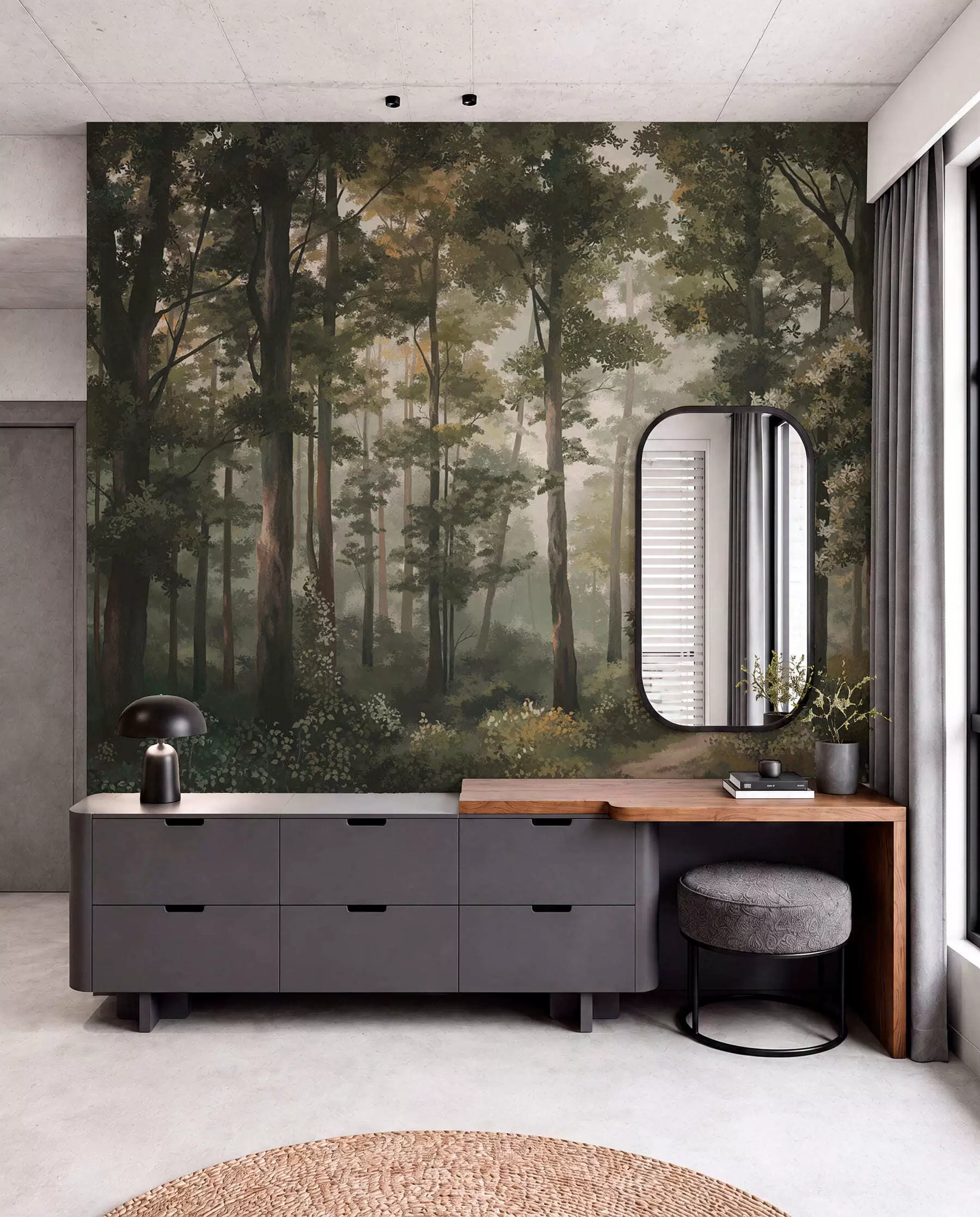 Fototapeedid Metsaillustratsioon uduga, kõrgete puude ja teega w05089