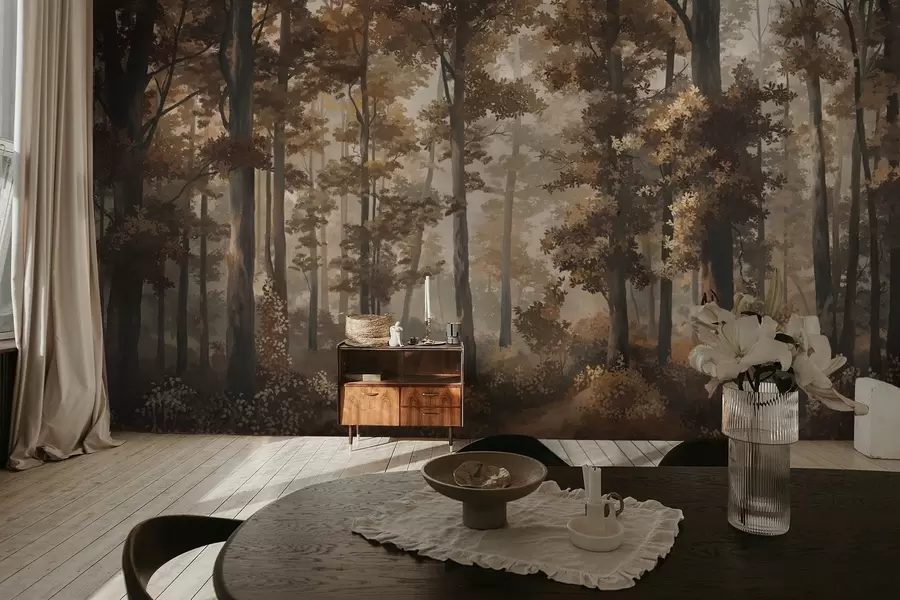 Fototapeedid Sügisene metsamaastik sooja valguse ja tiheda puudega w05089v1