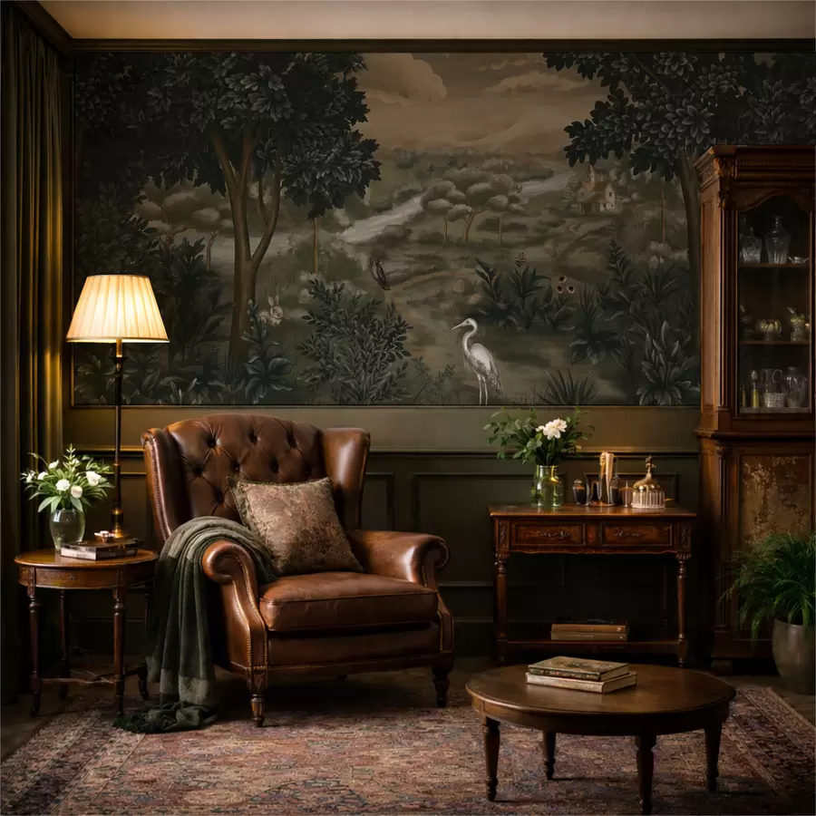 Fototapeedid Fantaasiamaastik jõega, majaga ja lindudega puude vahel w05090