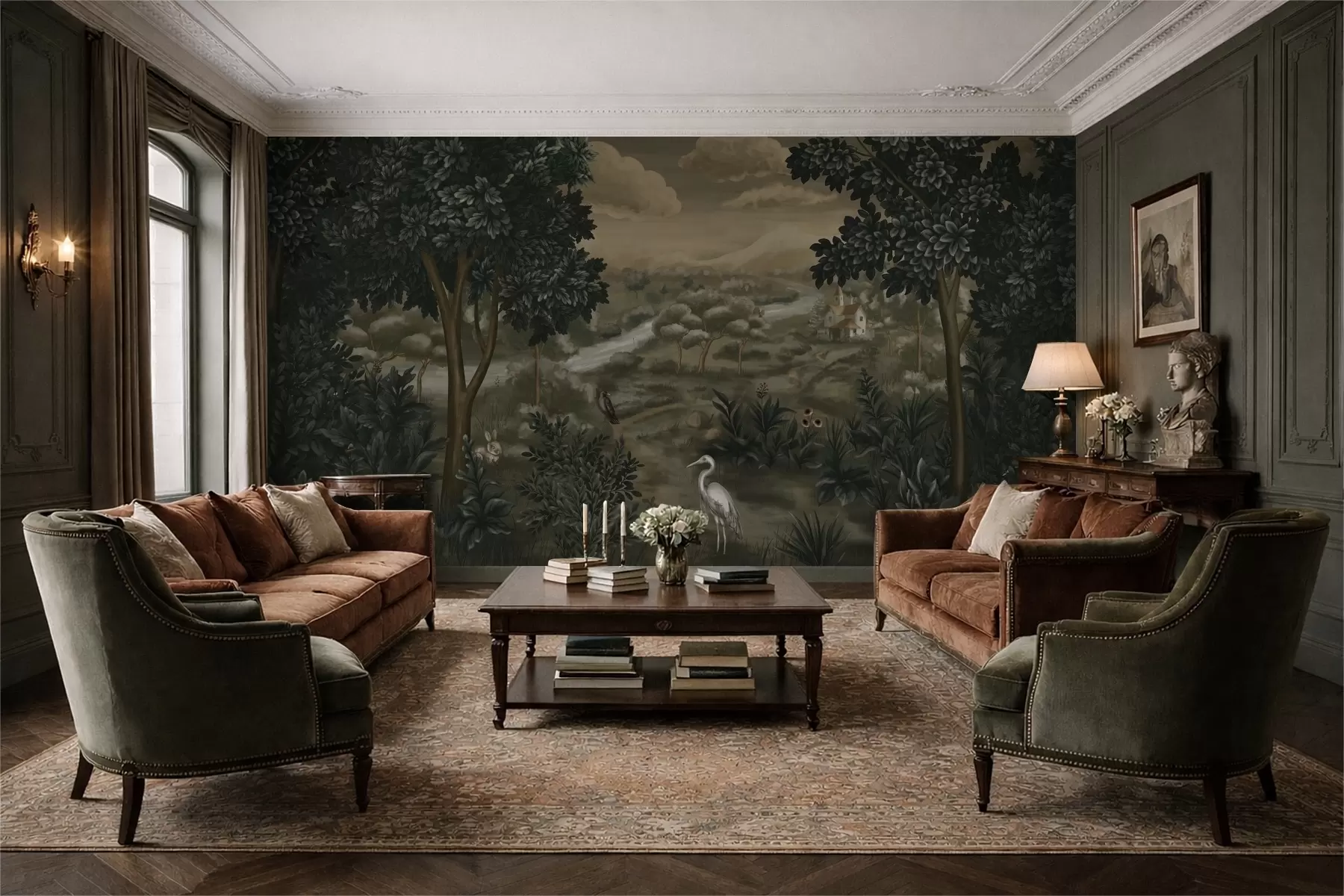 Fototapeedid Fantaasiamaastik jõega, majaga ja lindudega puude vahel w05090