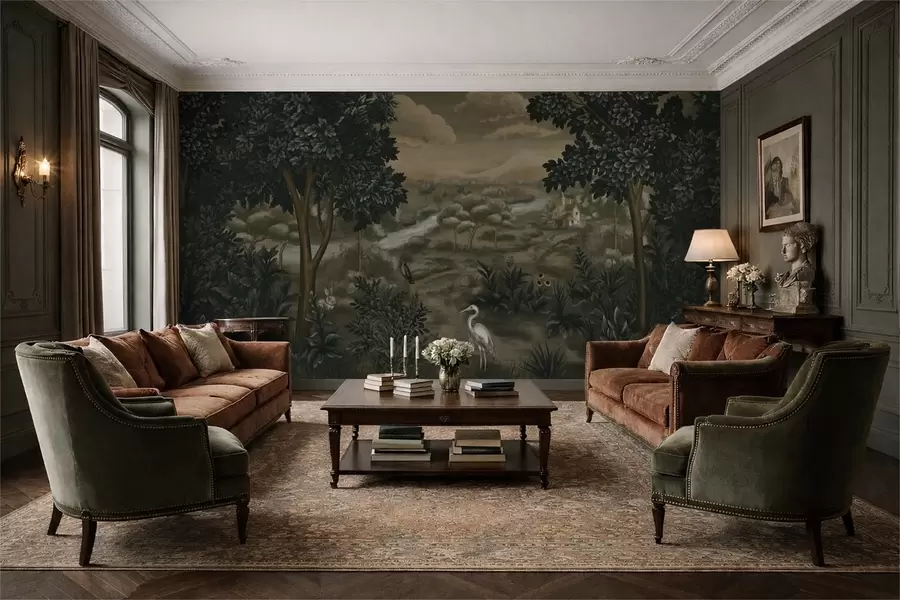 Fototapeedid Fantaasiamaastik jõega, majaga ja lindudega puude vahel w05090