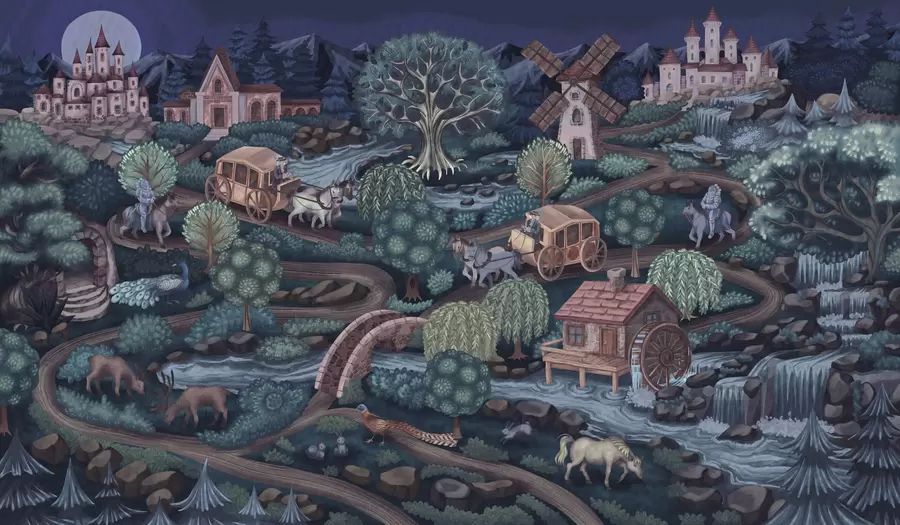 Fototapeedid Öine haldjasstseen lossidega, veskitega ja metsaga w05091