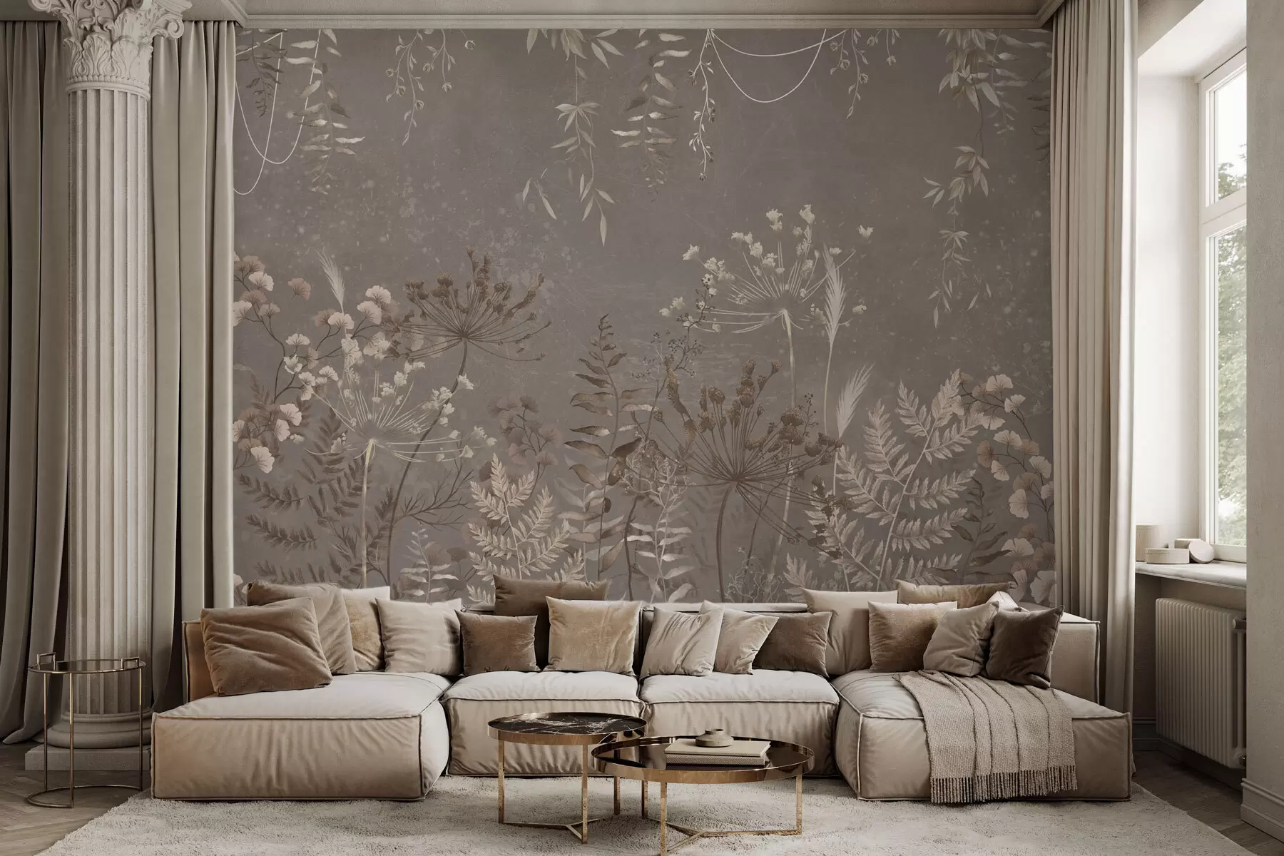 Fototapeedid Kerge botaaniline muster lilledega ja lehtedega w05092v1