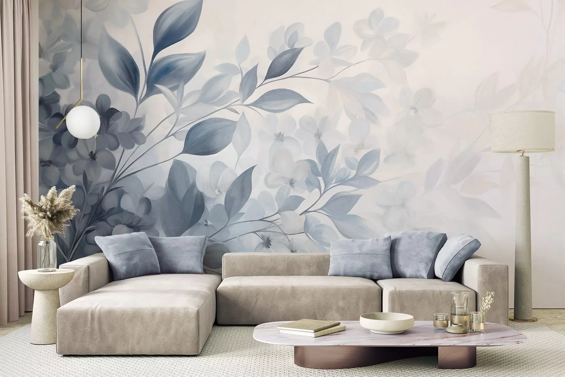 Fototapeedid Tekstuuriga sinine ja valge oks lilledega ja lehtedega, mis hajuvad heledasse taustasse akvarellmaalistiilis w09543