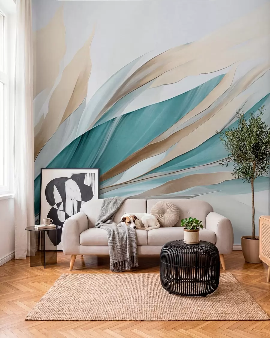 Fototapeedid Abstraktsed voolavad sinakasrohelised ja kollased lained, õhukesed kujundid ja jooned, valge taustal, tekstuuriga kunst w09585