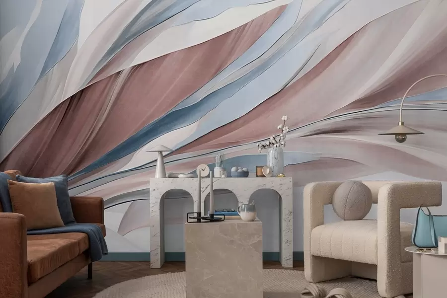 Fototapeedid Abstraktsed voolavad sinised ja pruunid lained, õhukesed kujundid ja jooned, valgel taustal, tekstuuriga kunst w09585v1