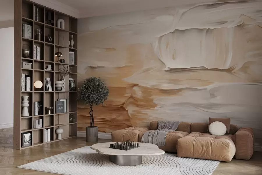 Fototapeedid Abstraktsed tekstuuriga pintslitõmbed, mis imiteerivad sooje maatoone – beeži, kreemi ja pruuni, modernne kunst w09588