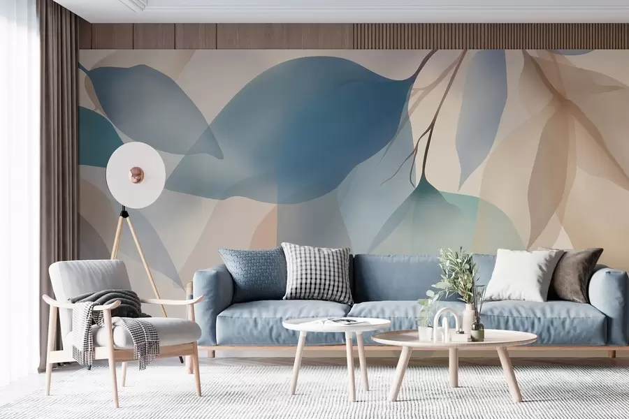 Fototapeedid elegantsed poolläbipaistvad lehed sinise ja beeži toonides w05060