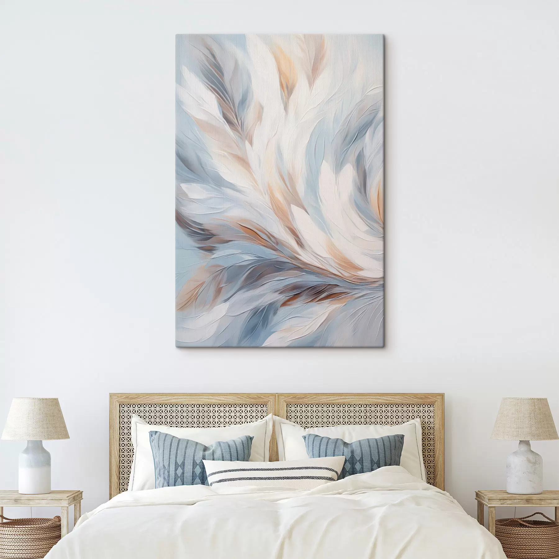 Pilt Abstraktne maal sulgedest valge, sinise ja pruuni toonides, pehme, voolava tekstuuri ja heleda taustaga. s47417