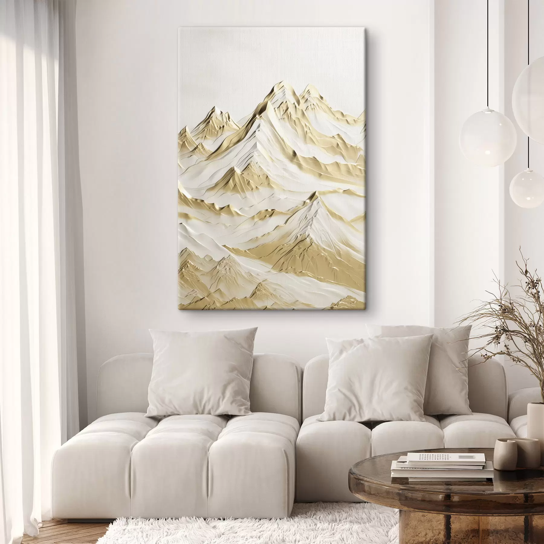 Pilt Kollane maastik, lumiste mäetippude ja sügavate orgudega heleda taeva all s47420