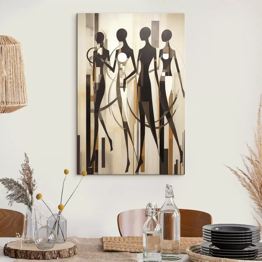 Pilt Stiliseeritud naisfiguurid geomeetriliste elementidega vertikaalsete joonte abstraktsel taustal s47423