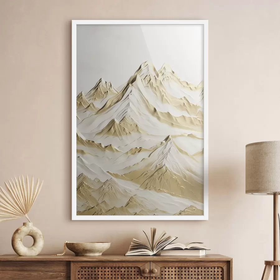 Fototapeedid Kollane maastik, lumiste mäetippude ja sügavate orgudega heleda taeva all f47420