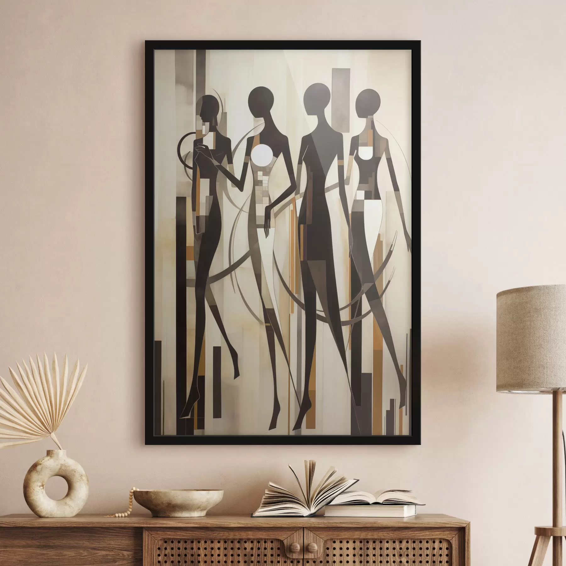 Fototapeedid Stiliseeritud naisfiguurid geomeetriliste elementidega vertikaalsete joonte abstraktsel taustal f47423