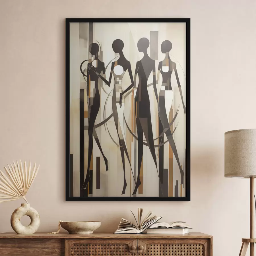 Fototapeedid Stiliseeritud naisfiguurid geomeetriliste elementidega vertikaalsete joonte abstraktsel taustal f47423