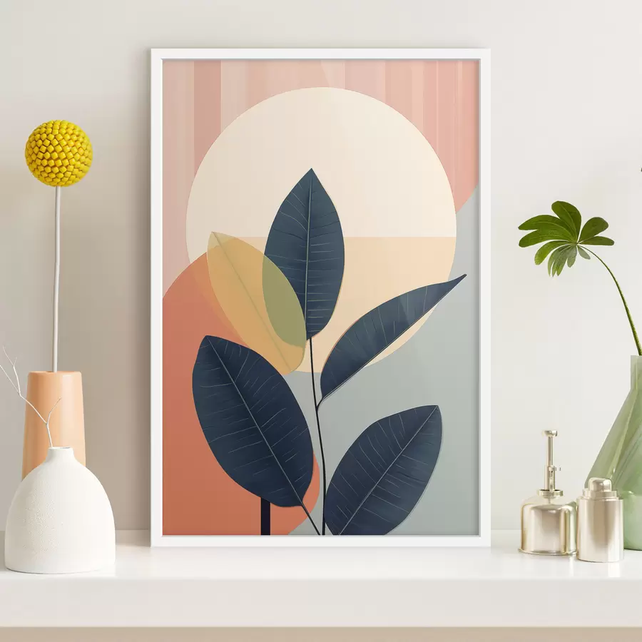 Fototapeedid Tumedad lehed abstraktsete kujundite taustal virsiku- ja halli värvitoonides, millel on suur kahvatukollane ring. f47424