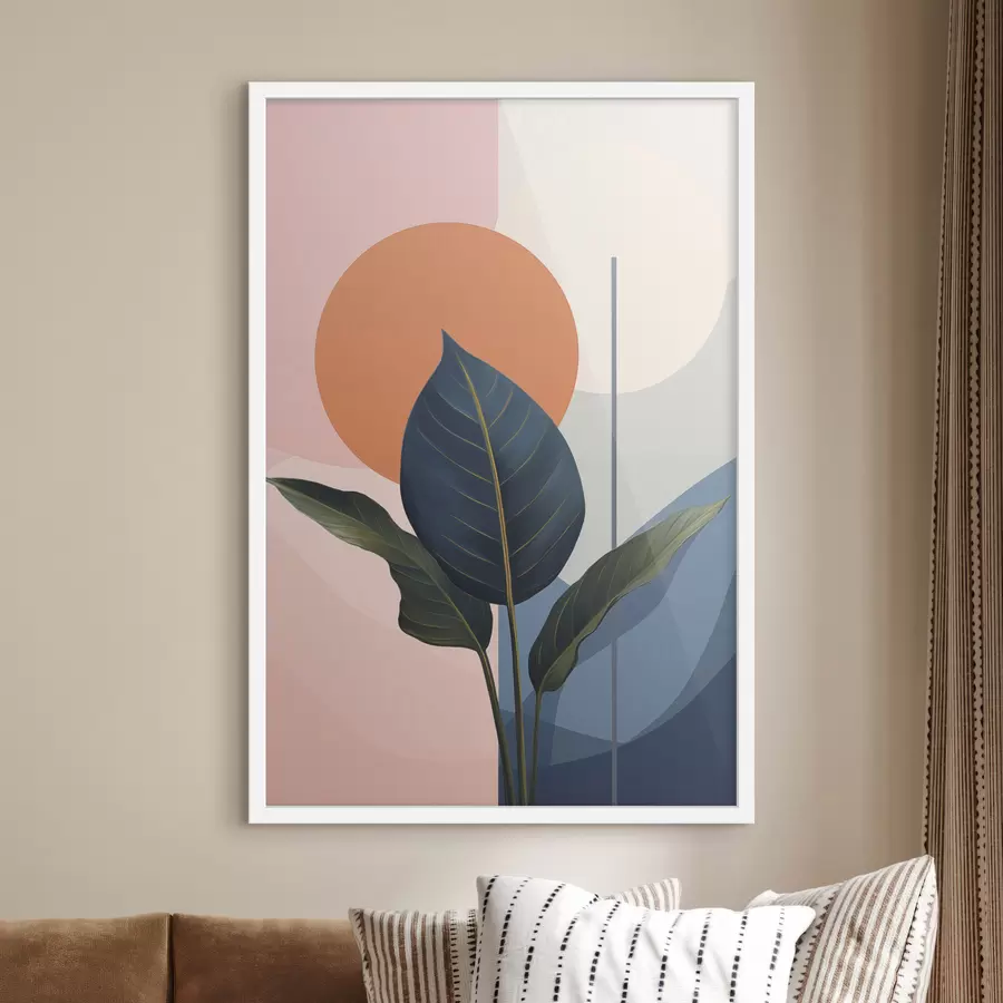 Fototapeedid Tumedad lehed abstraktsete kujundite taustal virsiku- ja halli värvitoonides, oranži ringiga f47425