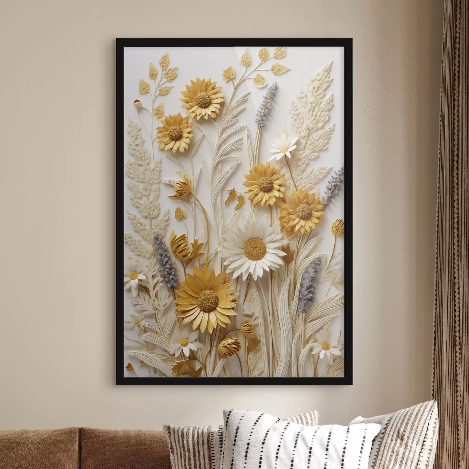 Fototapeedid Tekstuuriga kollektsioon kollastest ja valgetest margariitidest, kuivatatud rohtudest ja lavendliokstest valgel taustal f47430