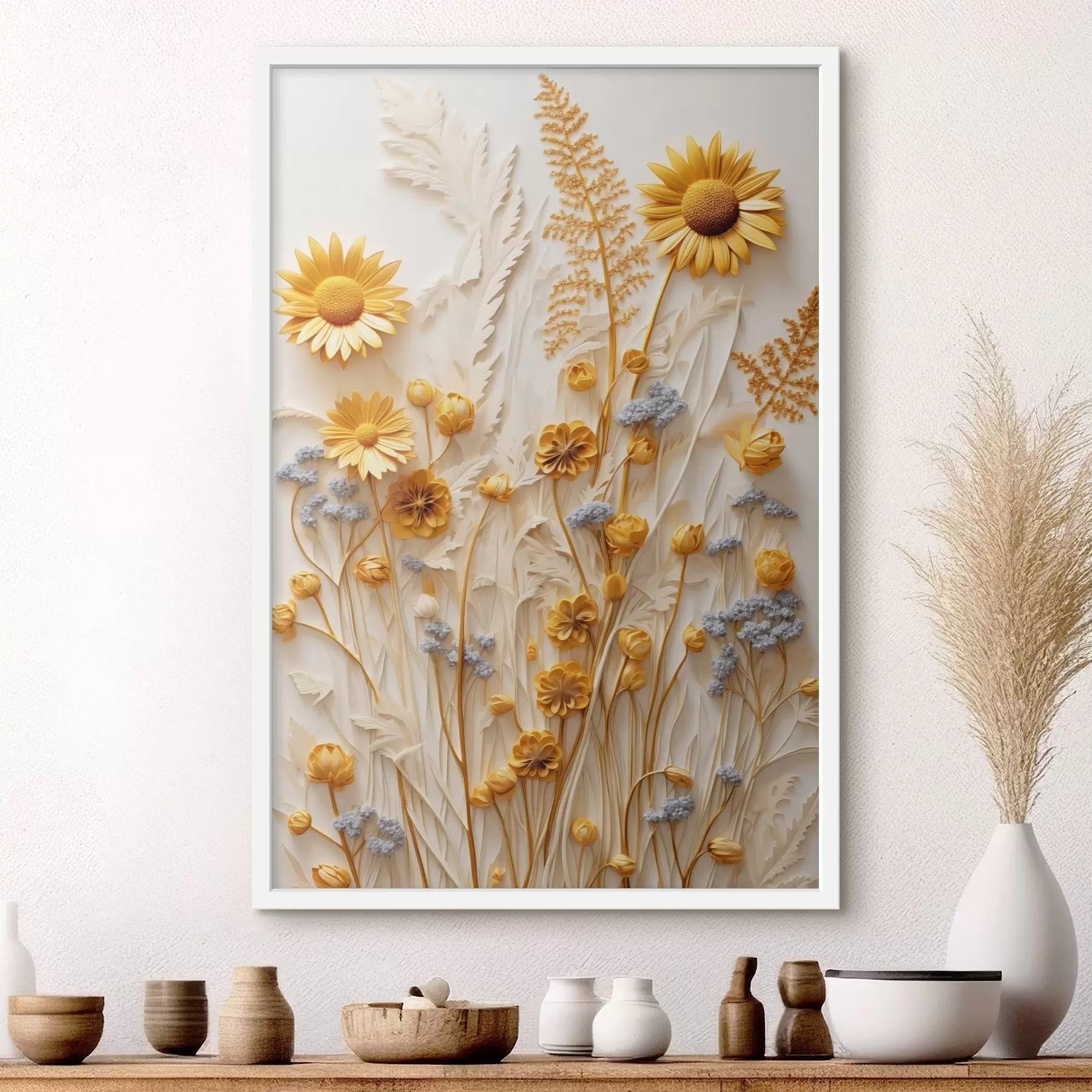 Fototapeedid Tekstuuriga kollektsioon kollastest ja valgetest margariitidest, kuivatatud rohtudest ja lavendliokstest valgel taustal f47431