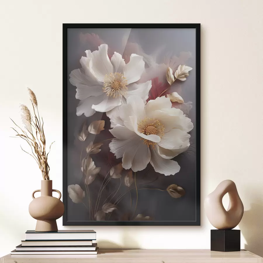 Fototapeedid Õrnad peonid õhukeste, õrnade kroonlehtedega, ümbritsetud tumepunaste ja kollaste lehtedega abstraktsel taustal f47435