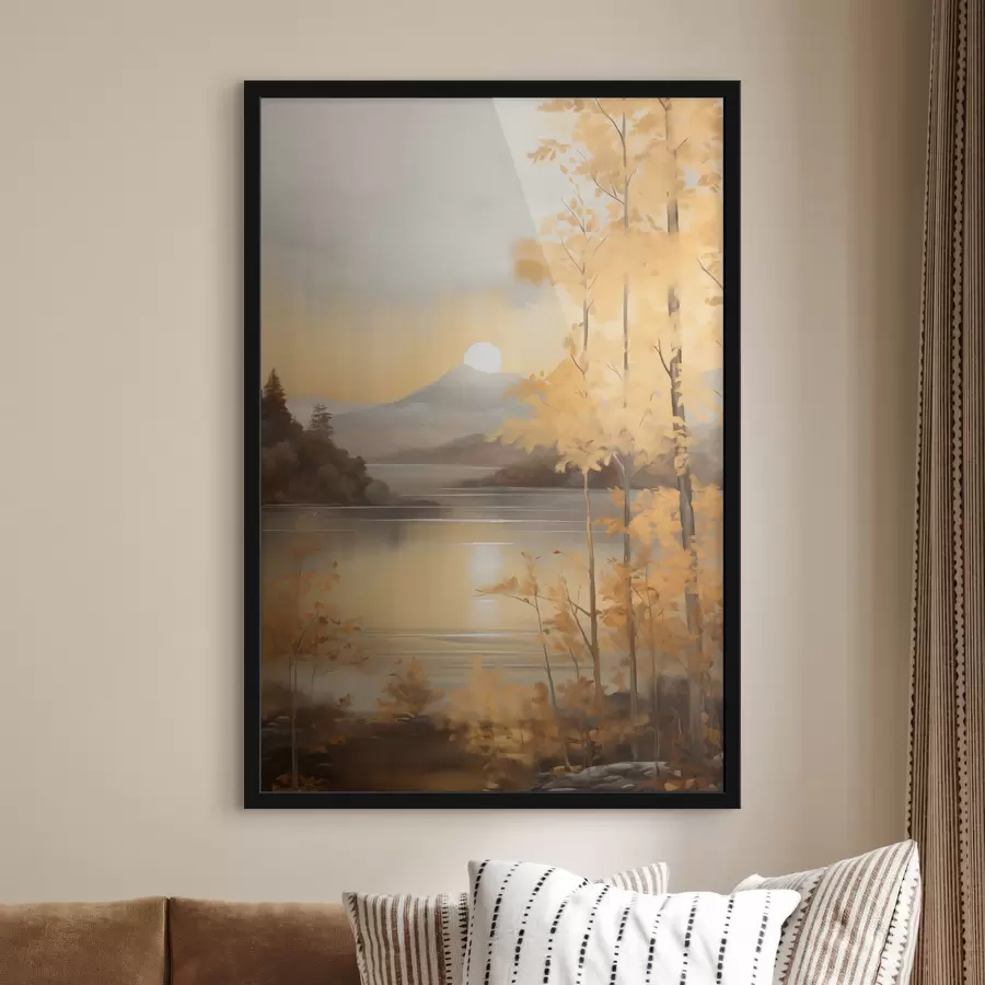 Fototapeedid Sügisene tekstuuriga puud oranžide lehtedega raamivad rahulikku järve kauguses asuvate mägedega pilvise taeva all. f47440