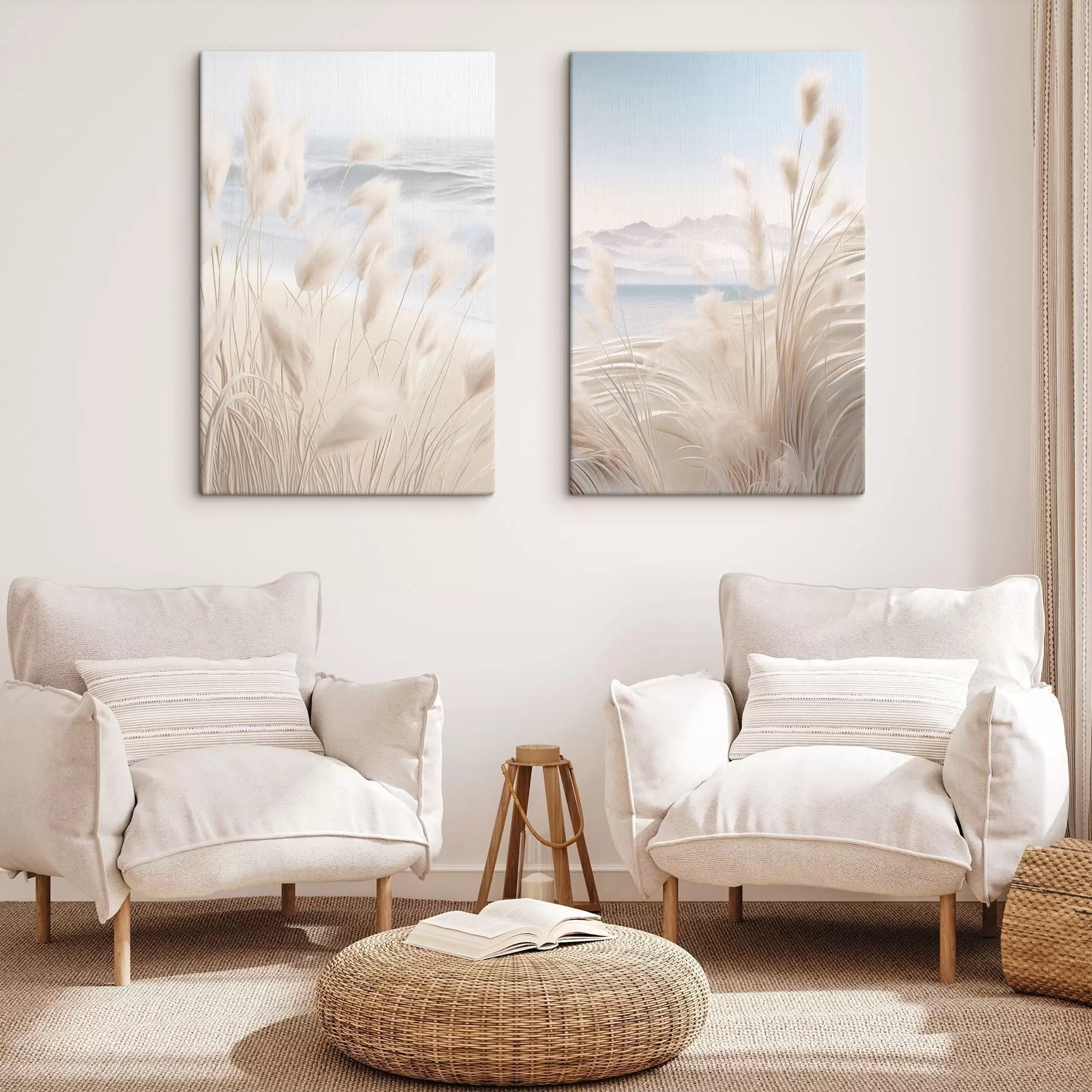 Pilt Esiplaanil pikk, sulgkerge pampasrohi pehmetes beežides toonides, taustal liivane rand. m01242