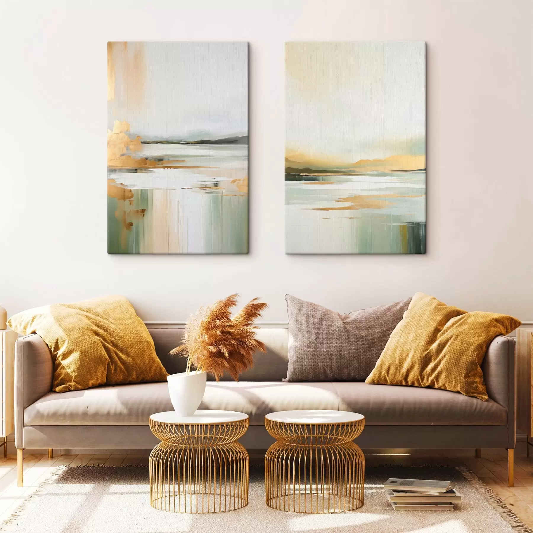 Pilt Abstraktne maastik kollaste ja roheliste toonidega, vesi peegeldab taevast ja kauguses asuvaid mägesid, kahvatu, udune taevas m01245