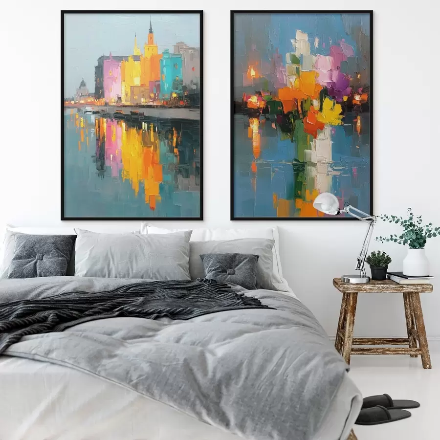 Fototapeedid Linna dünaamika: abstraktne kompositsioon koos tulede peegeldustega jõel d00569