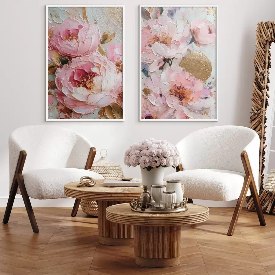 Fototapeedid Volumeetriline impasto-maal roosade pojengide ja tekstuursete detailidega d00573