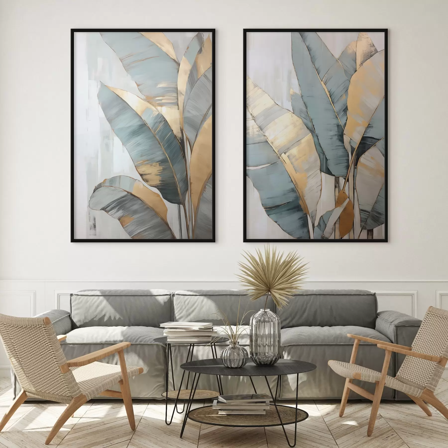 Fototapeedid Valge abstraktse taustaga komplekt sinise, halli ja kollase värvi banaanilehti, millel on nähtavad pintslitõmbed d00645