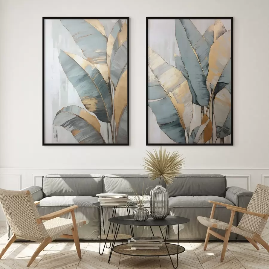 Fototapeedid Valge abstraktse taustaga komplekt sinise, halli ja kollase värvi banaanilehti, millel on nähtavad pintslitõmbed d00645