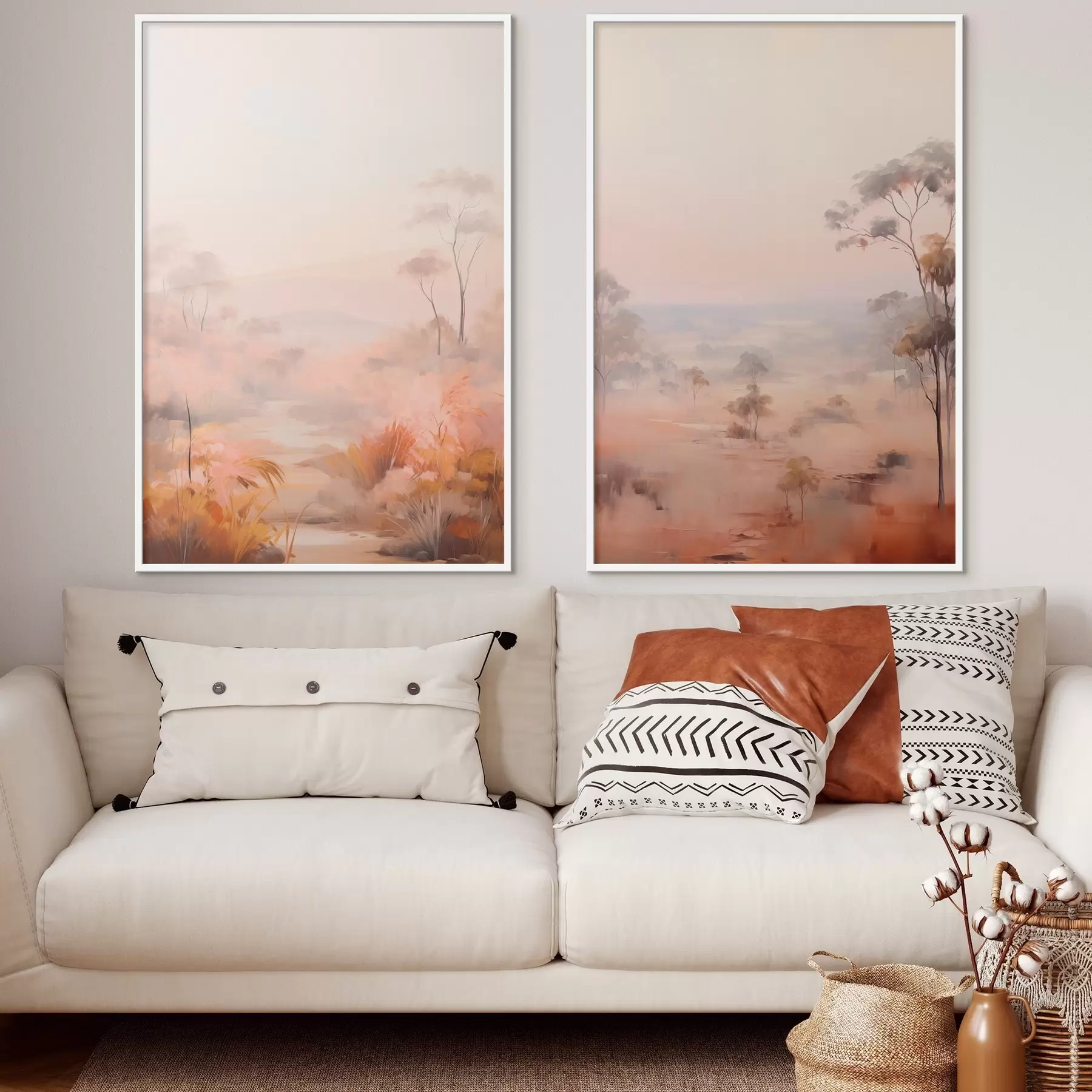 Fototapeedid Maastik roosa , oranži ja pruuni toonides põõsaste ja puudega, taustaks mäed d00646