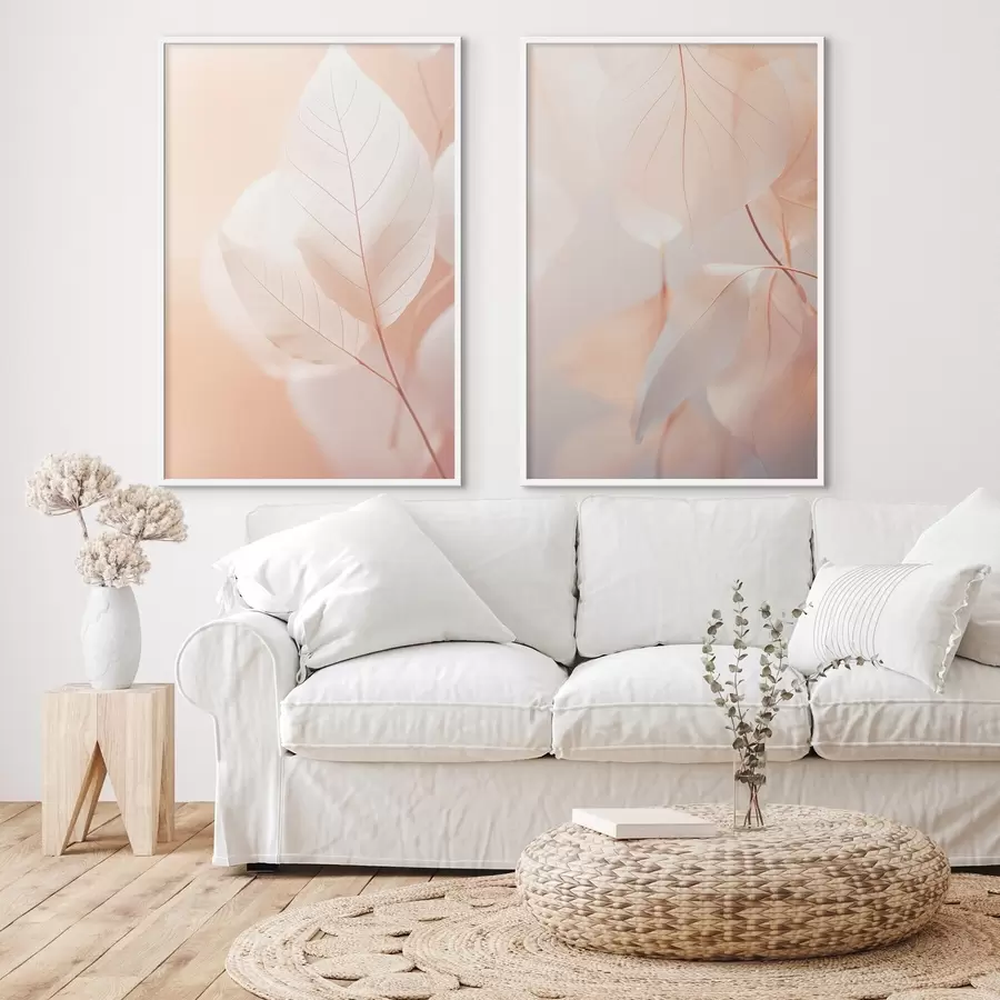 Fototapeedid Läbilõikelised lehed koos õrnade veenidega, pehme virsiku ja valge värvipalett, hägune taust d00647