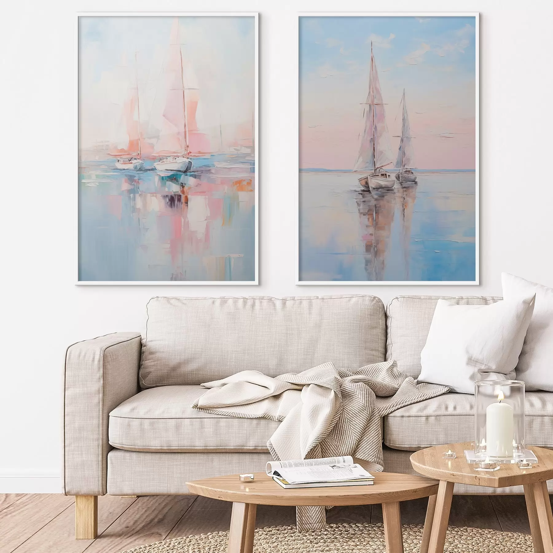 Fototapeedid Roosade purjedega purjekad ujuvad rahulikul merel, paatide peegeldused vees, pehmed pastelsed värvid d00648