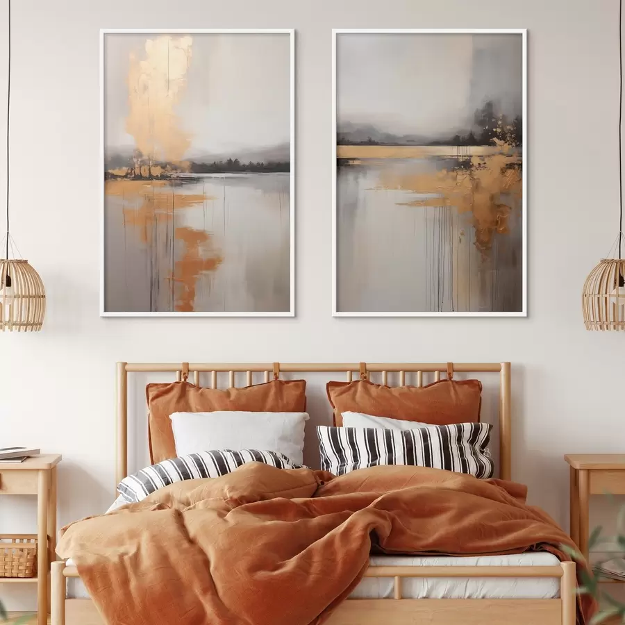 Fototapeedid Abstraktne maastik järve, puu ja kollase uduga , vesi peegeldab ja pilvine taevas d00657