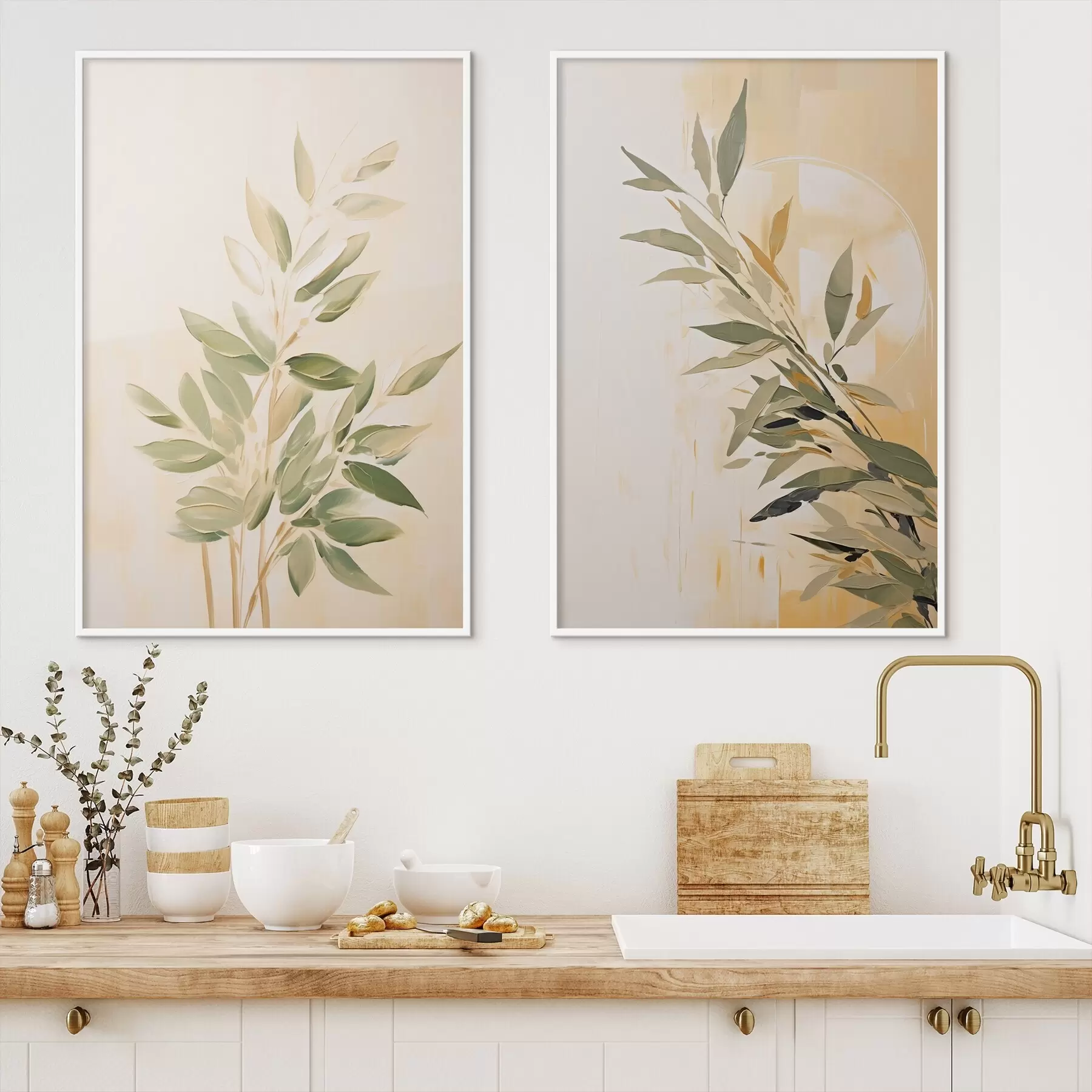 Fototapeedid Roheliste lehtedega botaaniline haru soojal taustal d00686