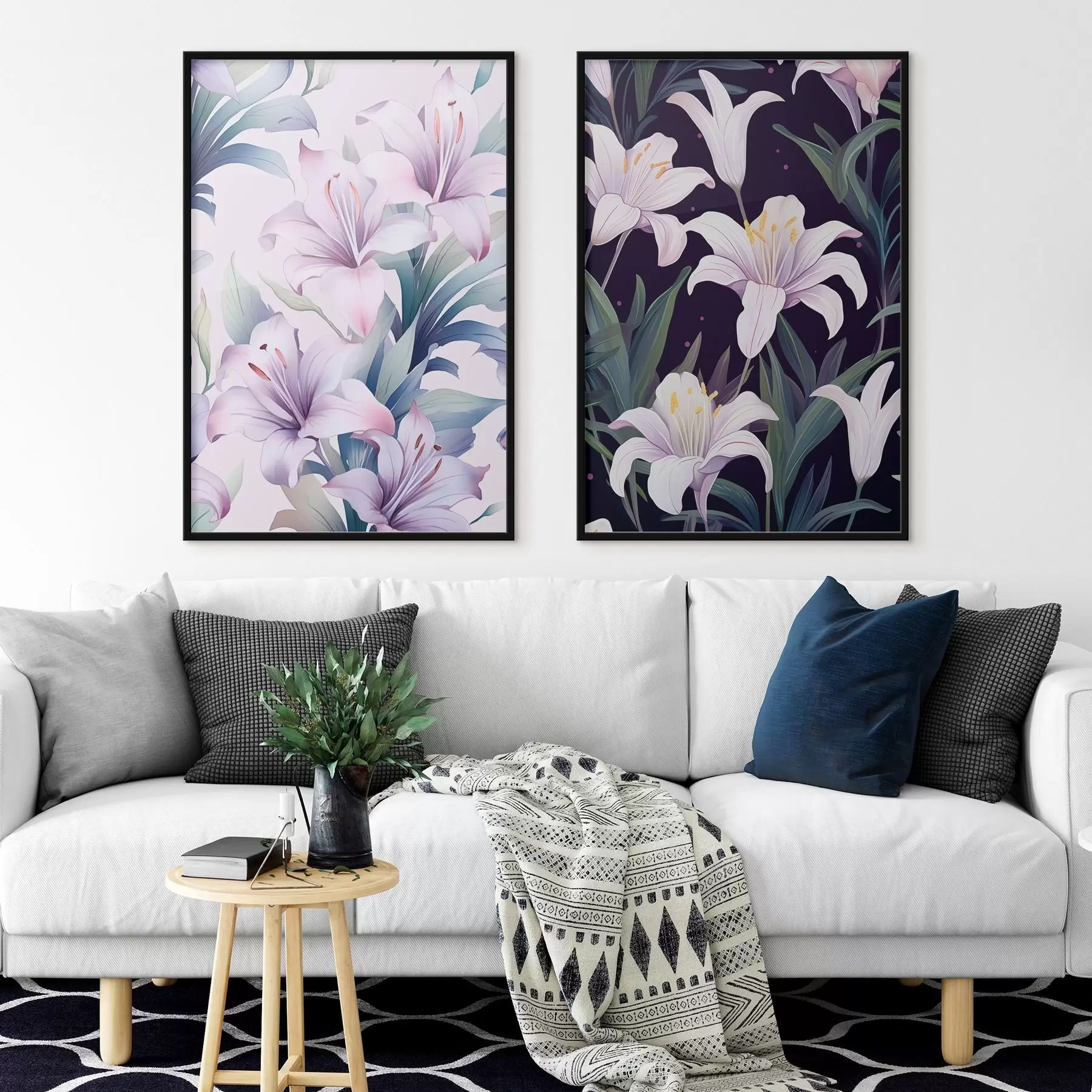 Fototapeedid Õrnad roosad liiliad roheliste lehtedega heledal ja tumedal taustal d00689